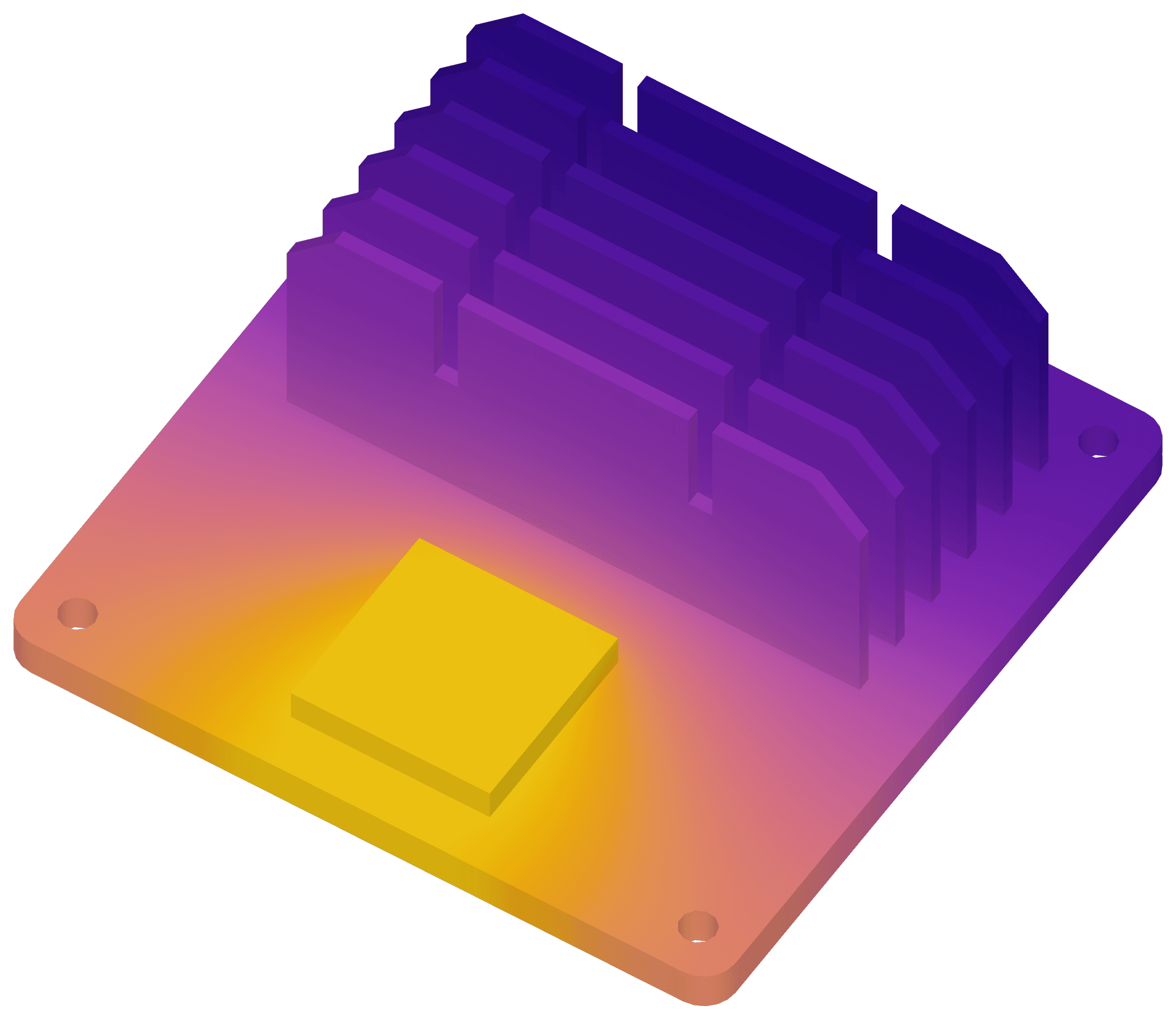Computed steady-state temperature on an exposed top heating pad, shared aluminium base, and six cooling fins